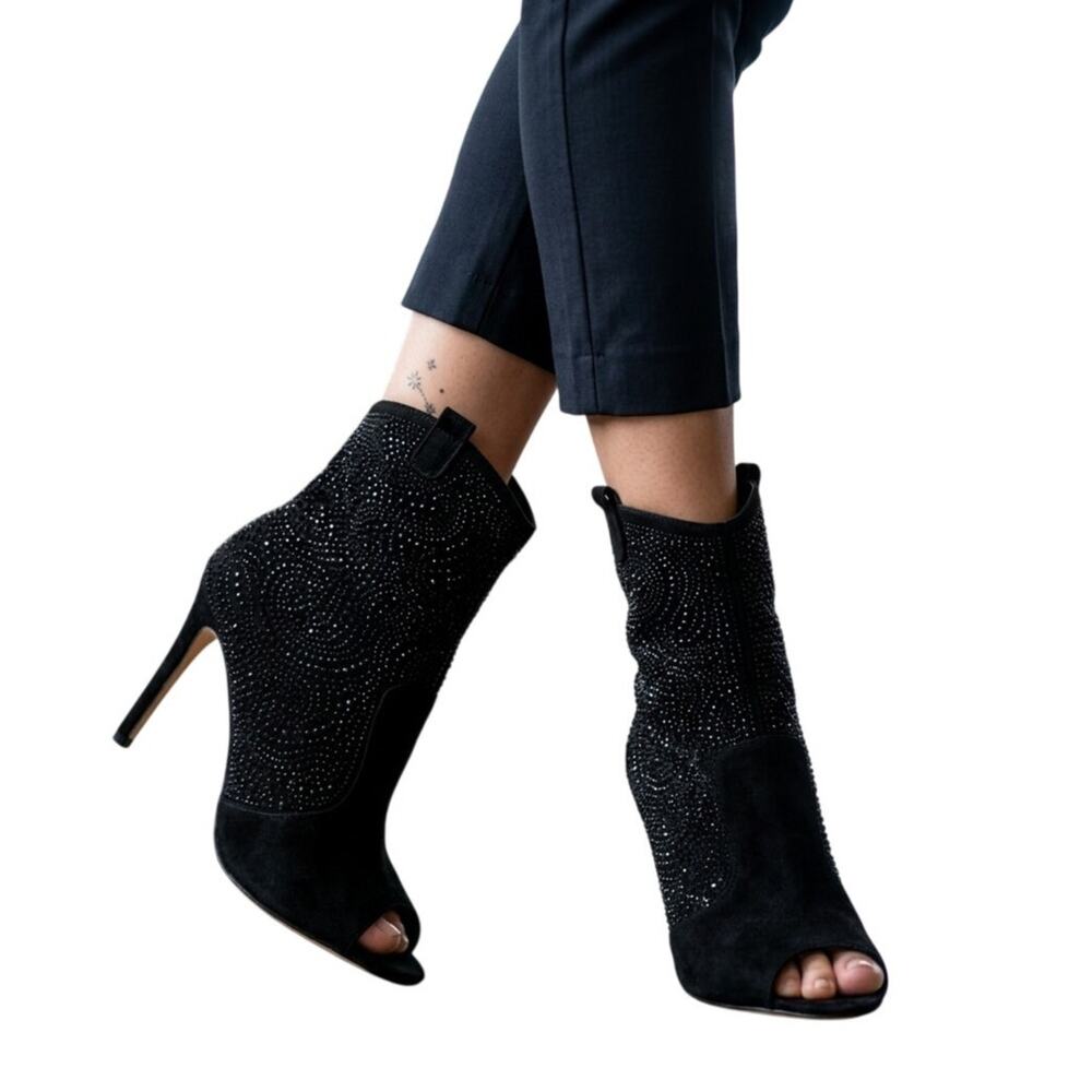 Lauren Lorraine Mid Stiletto Boots 8 Black Faux Suede Rhinestone Festival Party